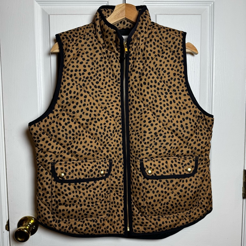 J.Crew Quilted Polka Dot Leopard Print Puffer Vest Brown Black Gold Zip Size L